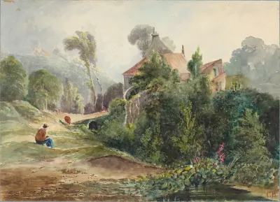 A watermill in a wooded area