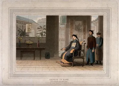 A wealthy Chinese man sits at home smoking: two servants stand nearby