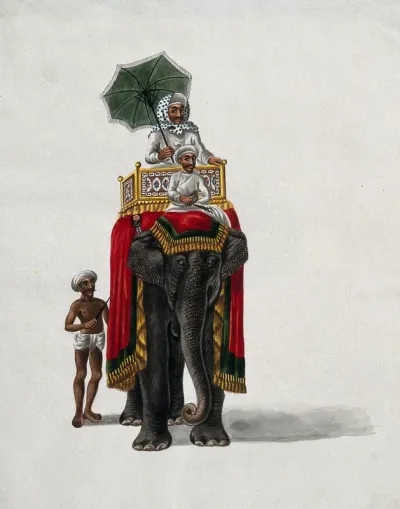 A wealthy man, holding an umbrella, sitting on a howdah (seat) placed on the back of a rug-draped Indian elephant
