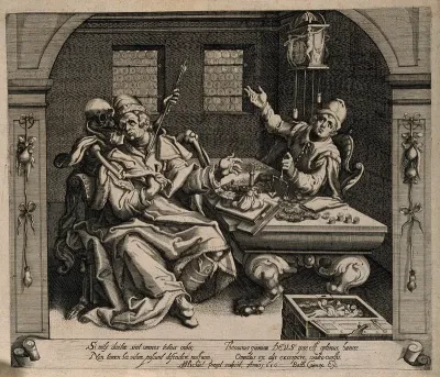 A wealthy man is stabbed by a skeleton while a man weighs coins on the other side of the table; representing the vanity of riches