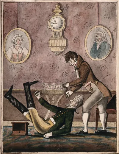 A wealthy patient falls over having a tooth extracted with vigour by a fashionable dentist