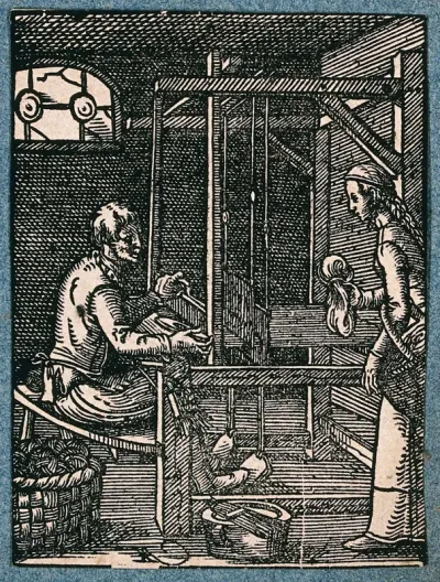 A weaver working on a treadle-operated loom as a woman brings him more thread