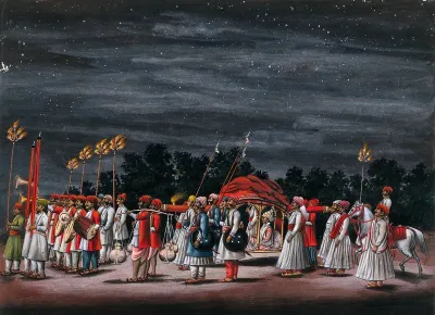 A wedding procession by night; a groom sitting in a palanquin, preceded by musicians, torch-bearers, guards and attendants
