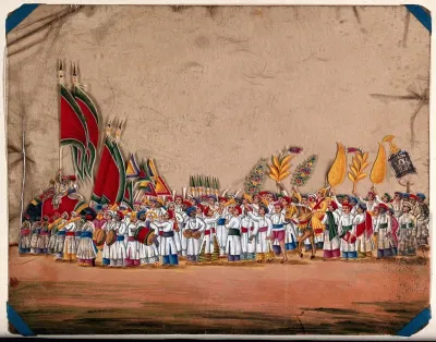 A wedding procession: the bridegroom sits on a horse surrounded by a large crowd carrying decorations and pennants, accompanied by a band of musicians