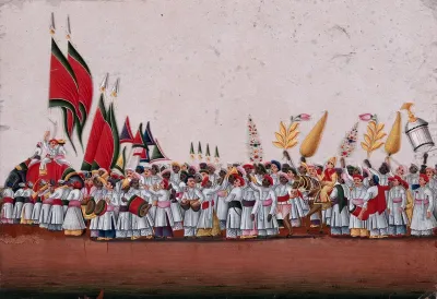 A wedding procession: the groom riding on a horse accompanied by people playing music and carrying colorful pennants