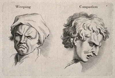 A weeping face (left) and a face expressing compassion (right)