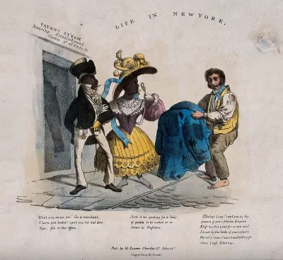 A well-dressed black couple in New York City are being offered a coat by a poor Irish immigrant outside a laundry