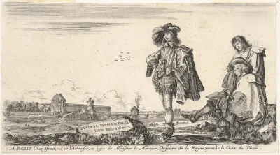 A well-dressed man standing in center looking towards the left, a seated man, possibly the engraver, is drawing with another man watching him to right, a view of Paris to left in the background, title page for "Various figures and lands" (Diverse fig