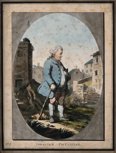 A well dressed physician walking through a village in Corsica