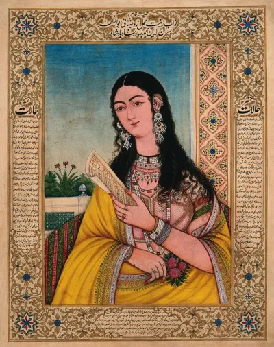A western (?) woman in a Indian dress holding a sheet of paper
