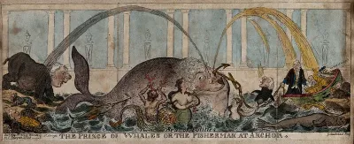A whale with the head of the Prince Regent spouts two streams inscribed "The liquor of oblivion" and "The dew of favour", referring to his desertion of the Whigs and to favours bestowed on the Tories