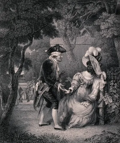 A white man approaches a woman sitting on a bench in a garden, and when she turns her face to him he sees that she is black