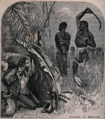 A white man hides behind a make-shift shelter made from banana-leaves watching the beheading of a naked black man with a hatchet