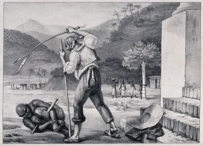 A white man in Brazil whipping a black man who has been tied up and lies before him on the ground