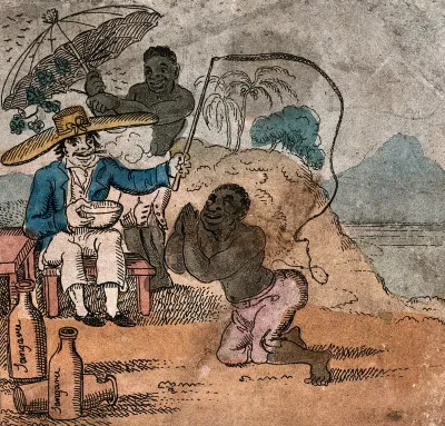 A white man (Johnny Newcome) sits on a beach in the West Indies: he is having a sunshade held over him while he whips a black man who is on his knees