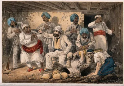A white man (magistrate or policeman?) holds a gun to the head of an Indian man as others retrieve bags of money buried in the ground