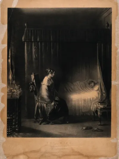 A wife dutifully sits by the bedside of her sick husband, watching over him