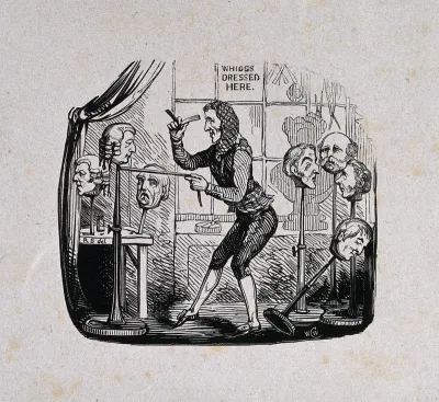 A wig-seller dressing a wig on a stand in his shop; the wig-stands bear the heads of Tory politicians