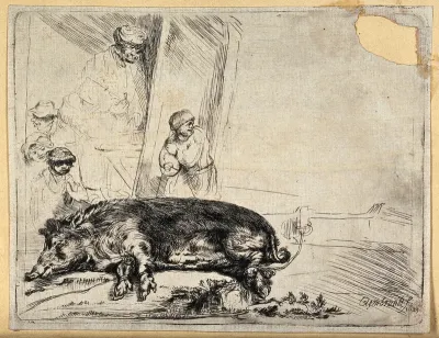 A wild boar lies tied by its rear feet next to an open tavern door
