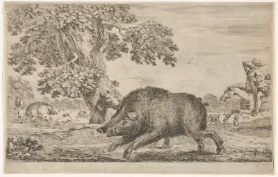 A wild boar running towards the left, a dog biting its ear behind to left, other dogs and horsemen in the background, from "Hunts of various animals" (Chasses à différents animaux)