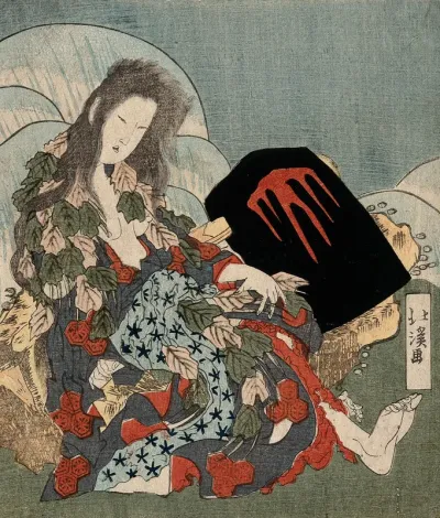 A wild mountain woman in a cloak of leaves seated by a rushing stream, behind her the head of a great axe, which belongs to her son Kintoki, the "child Hercules" of Japanese legend