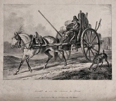 A wine-dealer travelling on a cart pulled by a horse and carrying casks of wine