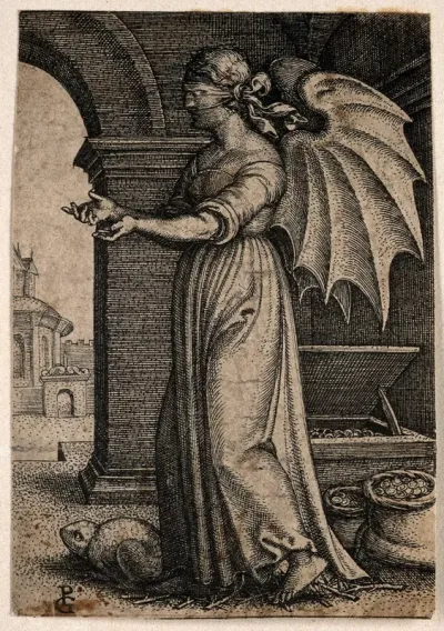 A winged, blindfolded woman; representing avarice