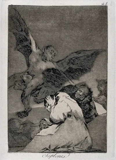 A winged devil figure riding on a cat awakening some monks by blowing on them