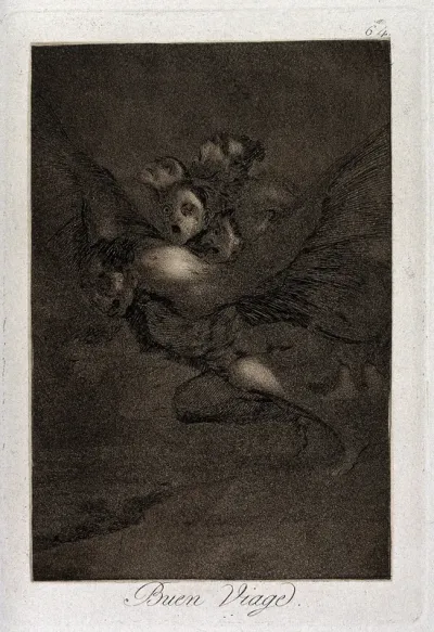 A winged figure carrying witches and monsters through the air