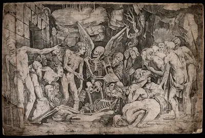 A winged figure of Death stands in front of a prostrate skeleton and tears out the pages of a book while a crowd of people watch him
