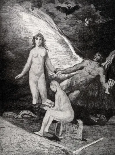 A winged man grabbing a young naked woman by the hand while another sits reading a book surrounded by owls and bats