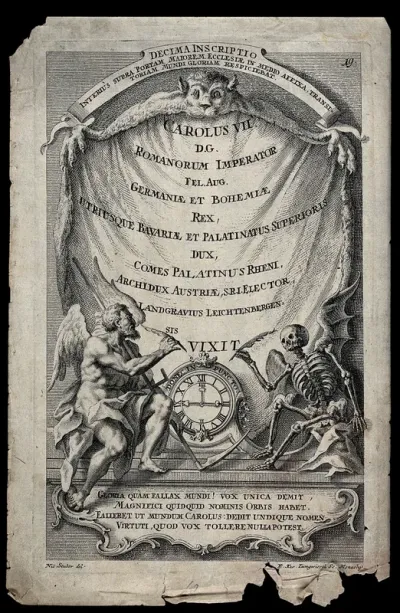 A winged man (Time) and a winged skeleton (Death) record the passing of the Holy Roman Emperor Charles VII; a lion skin in the background