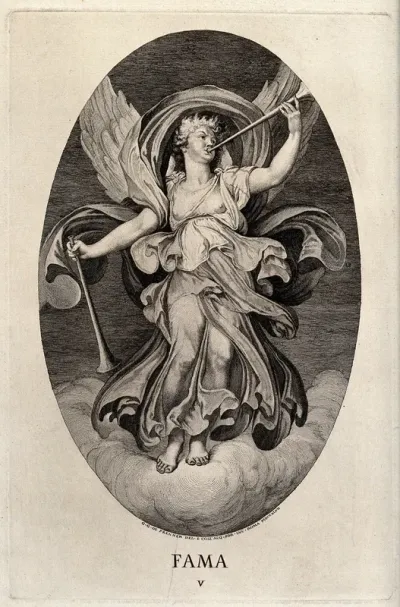 A winged woman, standing on a cloud, blowing one of her two trumpets; representing Fame