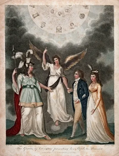 A winged woman (the genius of literature) presents an elegant couple to the Roman goddess of wisdom, Minerva, above the group appears a triangle (sign of God) surrounded by cherubs, signs of the sciences and the lettering "Literature"
