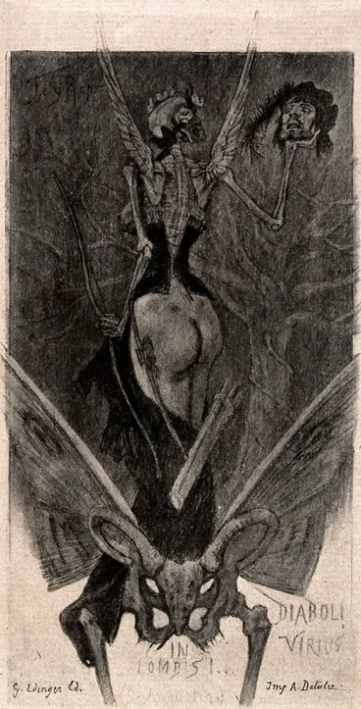 A winged woman with a skull as her head, standing in a man's pelvis, holding in one hand a bow and in the other a man's severed head