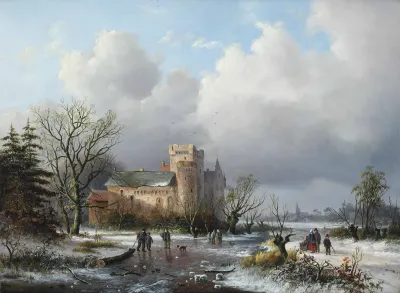 A winter landscape with figures on the ice near a castle