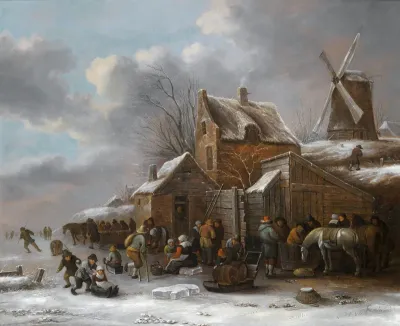 A winter landscape with villagers before a tavern