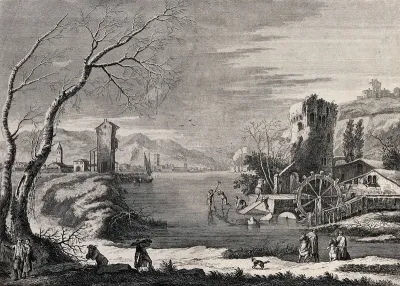 A wintry scene near a frozen river: a man attempting to break the ice with a hammer, another leans on his shovel