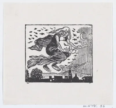 A witch carrying a child on her broom