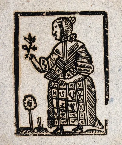 A witch holding a plant in one hand and a fan in the other