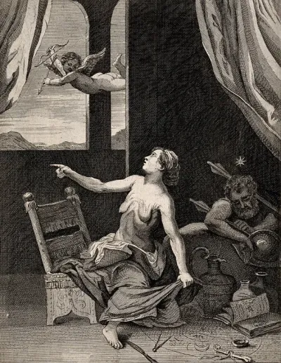 A witch points at Cupid above, Mars [Ares] (?) sleeps behind her