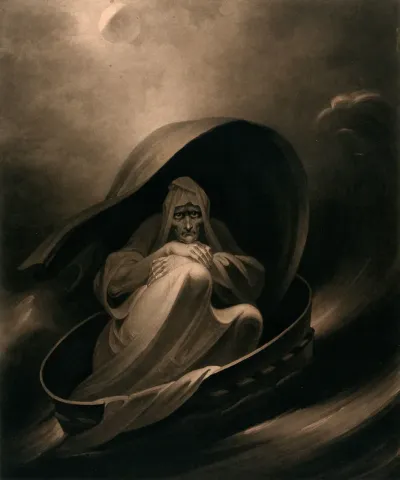A witch surfing on a sieve