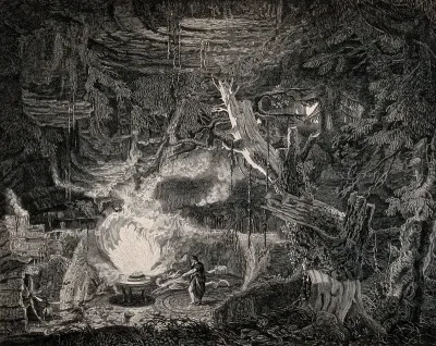 A wizard casting spells from his magic circle by the light of his cauldron surrounded by creatures