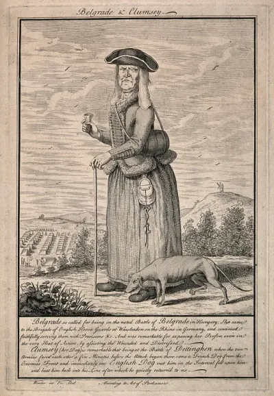 A wizened old woman with her dog, with the story of their bravery at the battles of Belgrade and Dettinghen