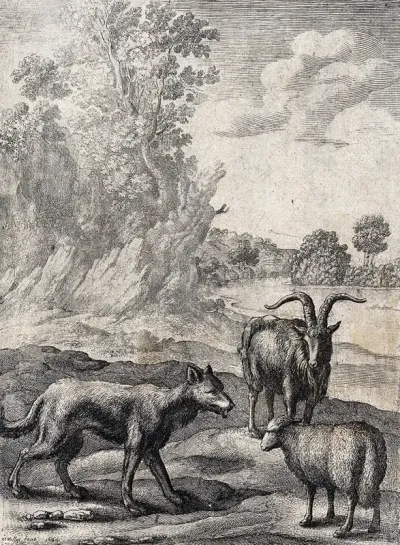 A wolf and a lamb are standing in a wooded landscape with a goat behind them