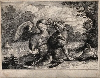 A wolf is sitting on the shore of a lake while a crane extracts a bone from its throat; illustration of a fable by Aesop