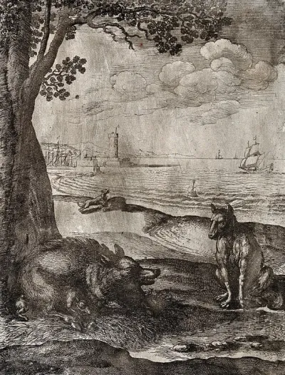 A wolf is sitting opposite a sow with its young under a tree while a boar and a wolf are fighting in the background; illustration of a fable by Aesop