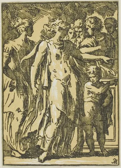 A Woman, a Child, and Figures around a Pedestal