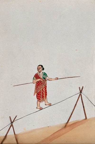 A woman acrobat holding a long stick and walking the tight rope