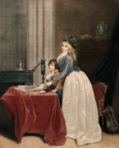 A woman and a boy are looking at prints with the aid of a lens and mirror; an antique urn and a guitar in the background